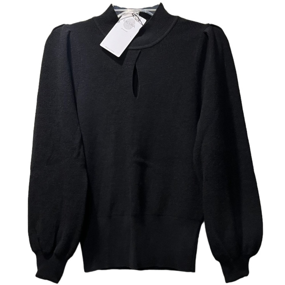 Soft High Crew Neck Keyhole Puff Sleeve Sweater Mock Black Exlura Size Medium - Picture 13 of 16